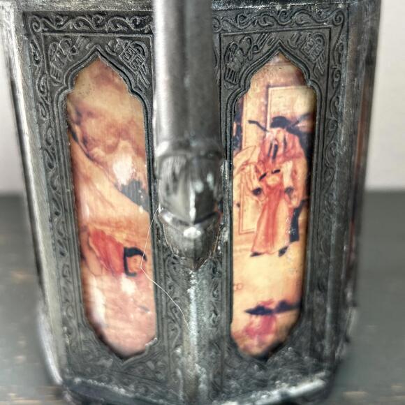 Antique Chinese 1910 Swatow Pewter 8 Panel Reverse Painted Glass Teapot, NO LID - Picture 11 of 13